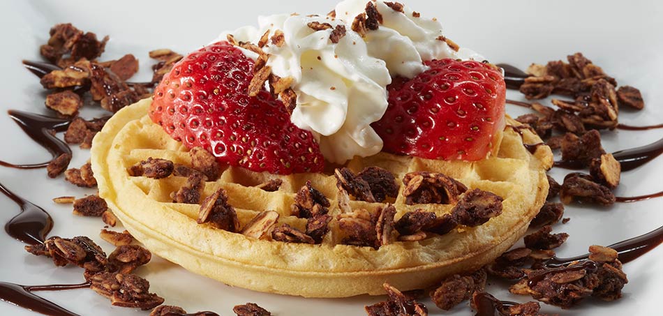 Chocoate-Mocha Granola on a waffle with strawberries